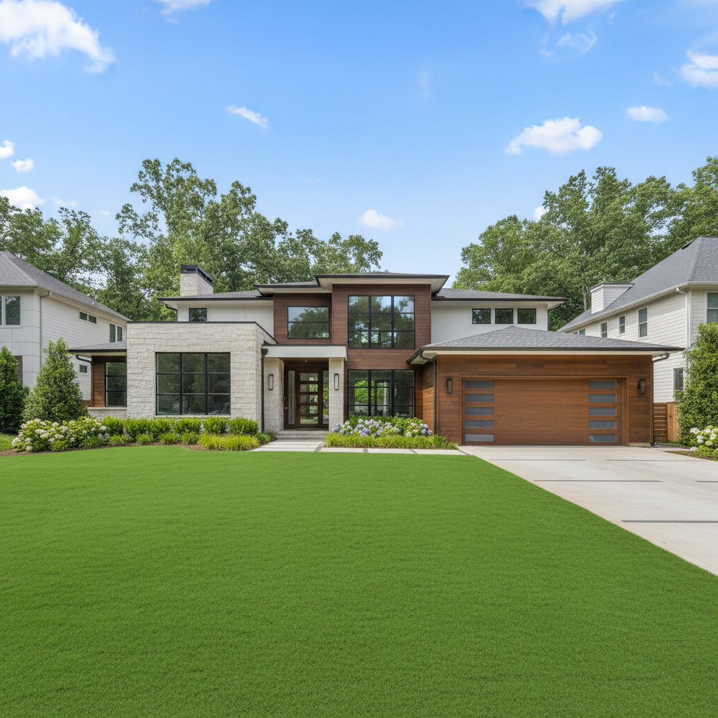 Beautiful suburban Atlanta home with well-manicured lawn, bright daylight, welcoming atmosphere