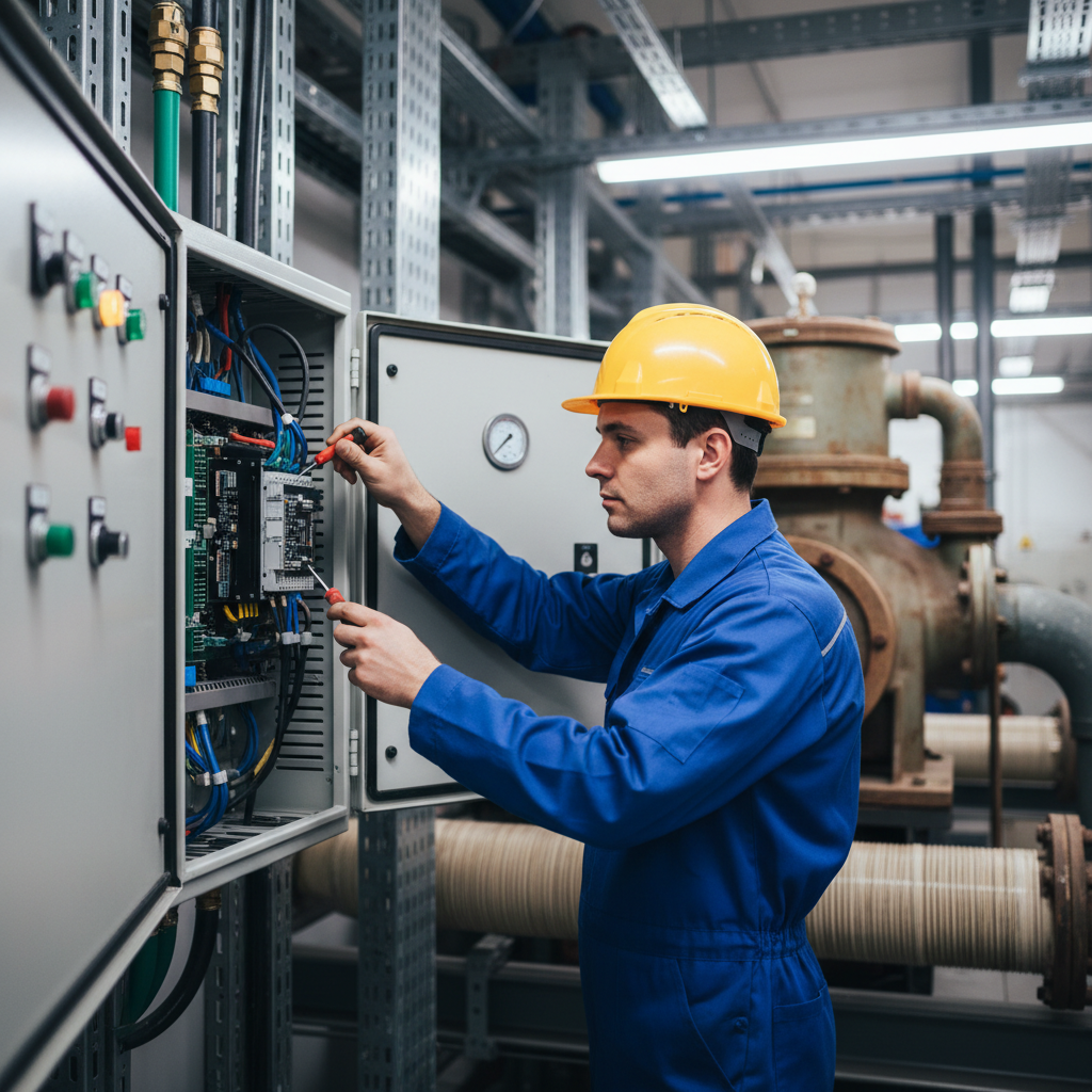 Security technician in uniform working urgently on control panel, dim industrial setting, focused professional atmosphere