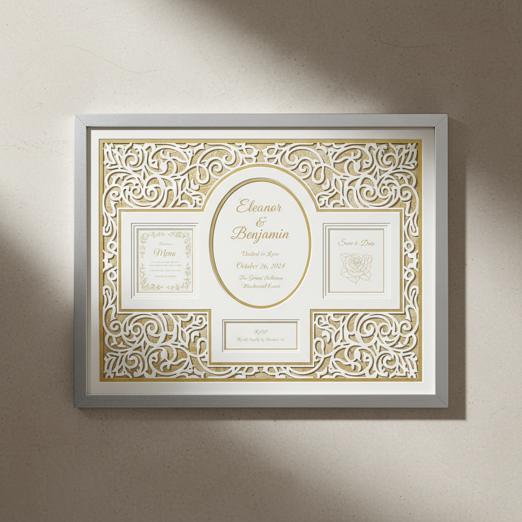 Antique gold collage photo frame with multiple openings, wedding decoration, elegant warm lighting