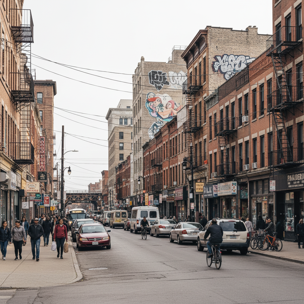 Dense urban street with no tree cover in Pilsen Chicago before the Seedling project