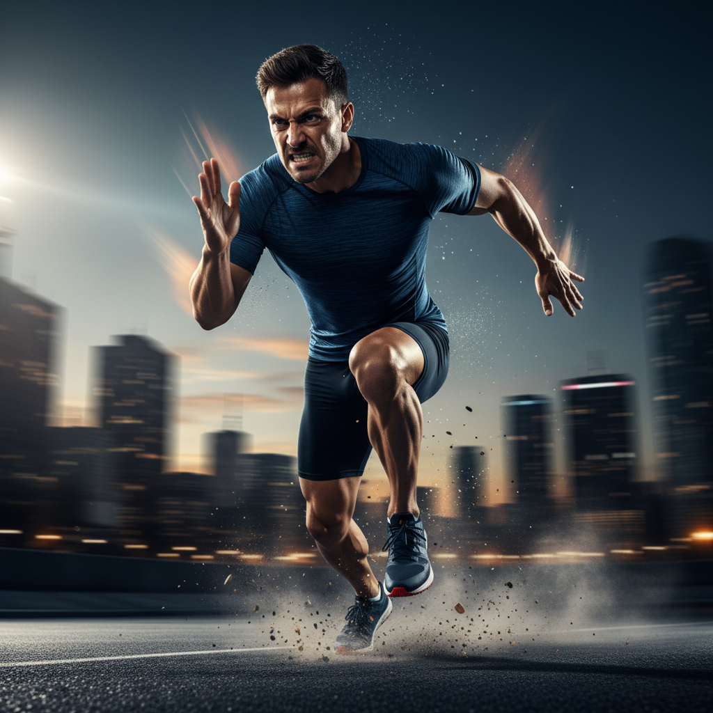 Athletic action shot with dynamic motion blur, dark dramatic lighting, sports energy, high contrast black tones