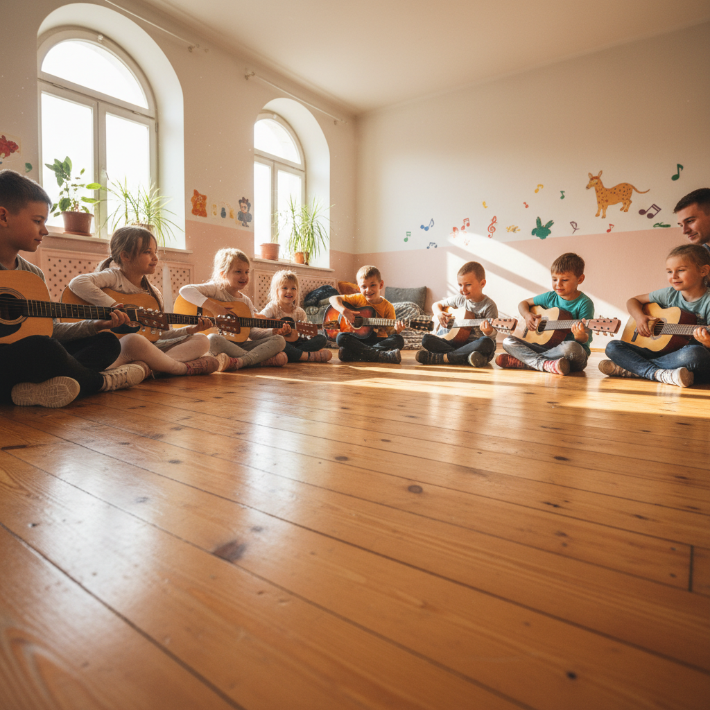 Kids sitting cross-legged on pine floor with guitars