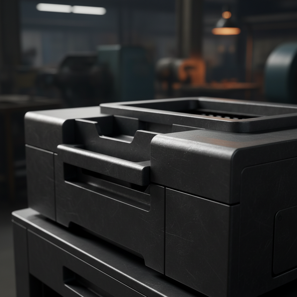 Modern office printer in dim office environment, dark background, professional equipment, low-key atmospheric lighting