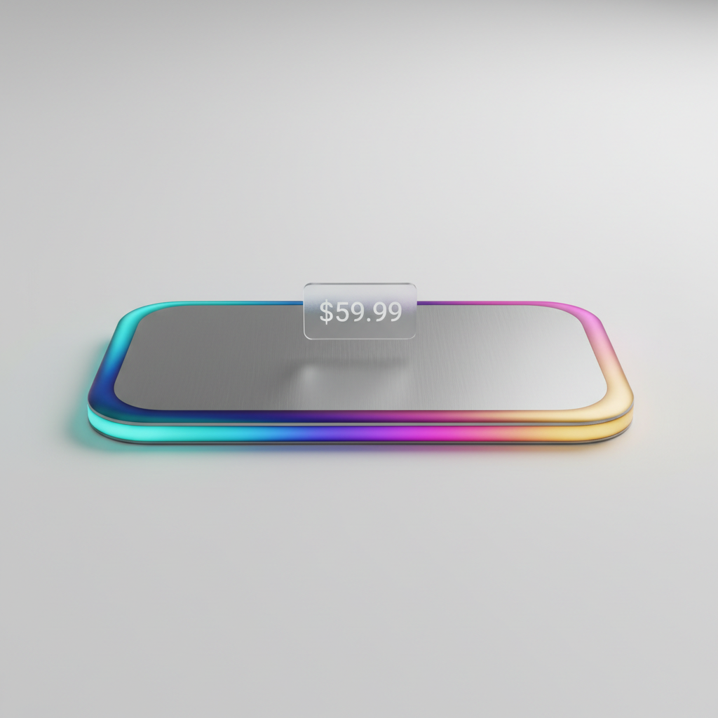 Minimalist product shot with aurora gradient border and floating price tag element