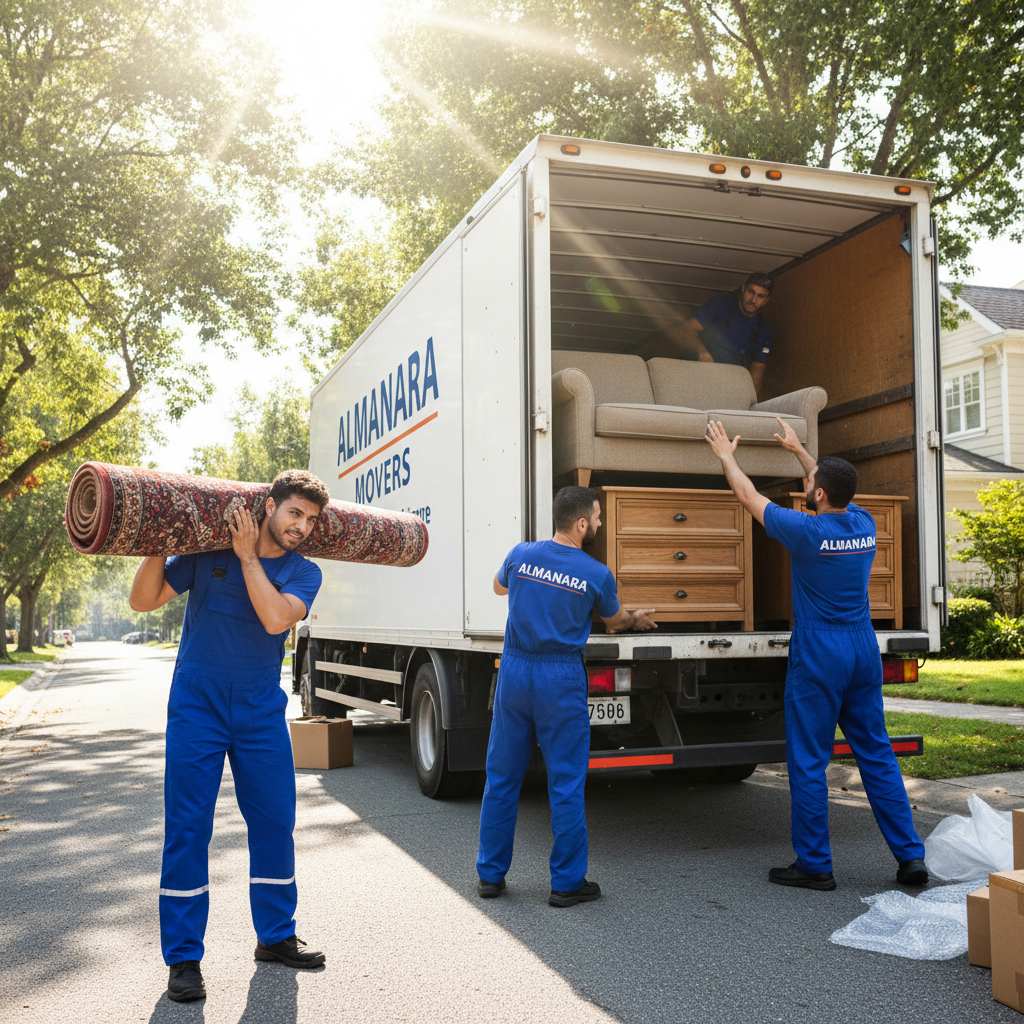 Professional movers loading furniture into Almanara truck