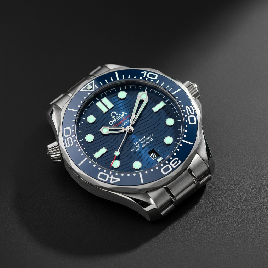Omega Seamaster Professional diver watch with blue dial and rubber strap