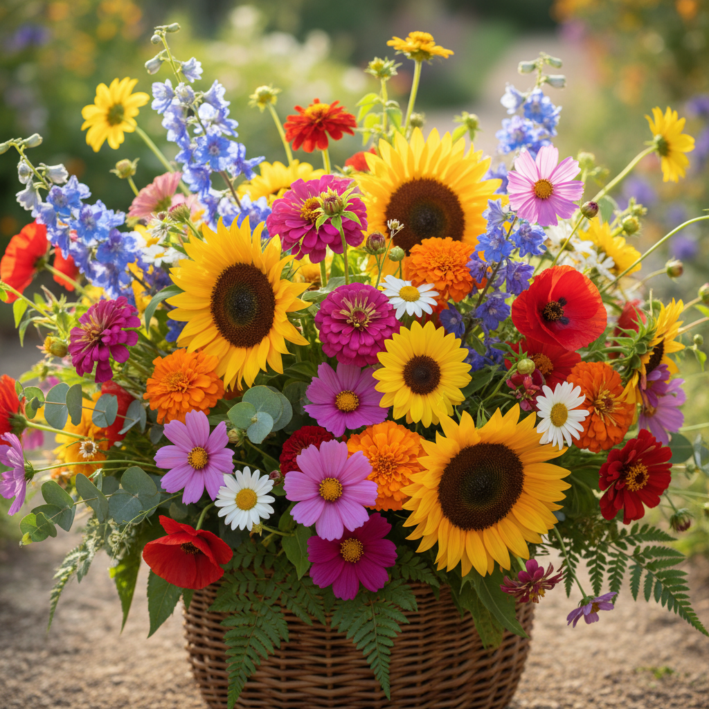 Bright cheerful sunflowers in a classic summer bouquet