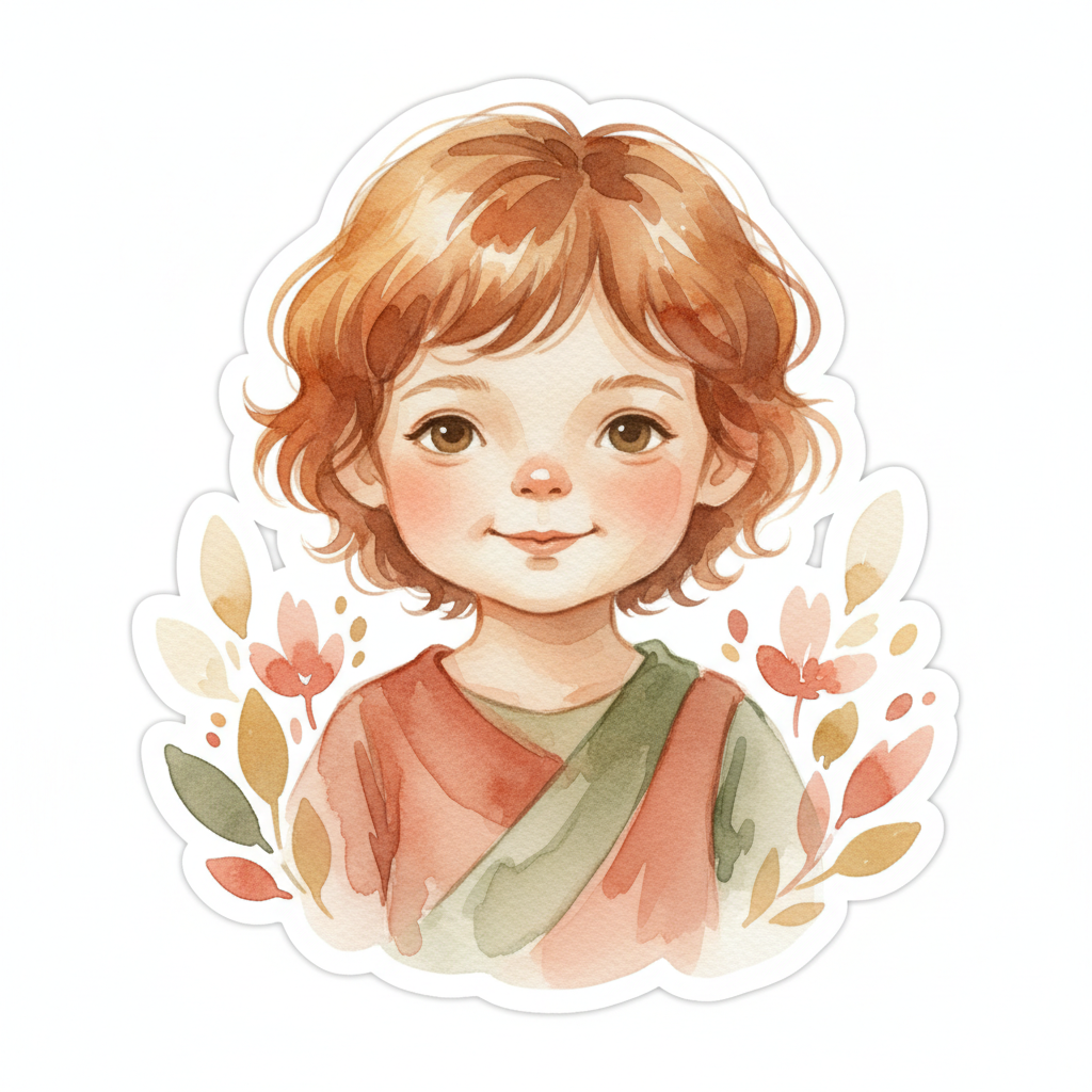 Watercolor portrait of a child with loose brushstrokes in warm earthy tones