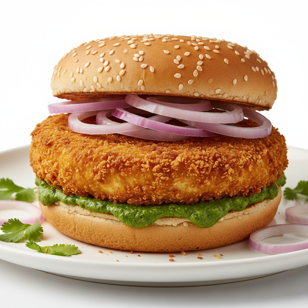 Spiced Indian masala burger with tikki patty lettuce and chutney sauce