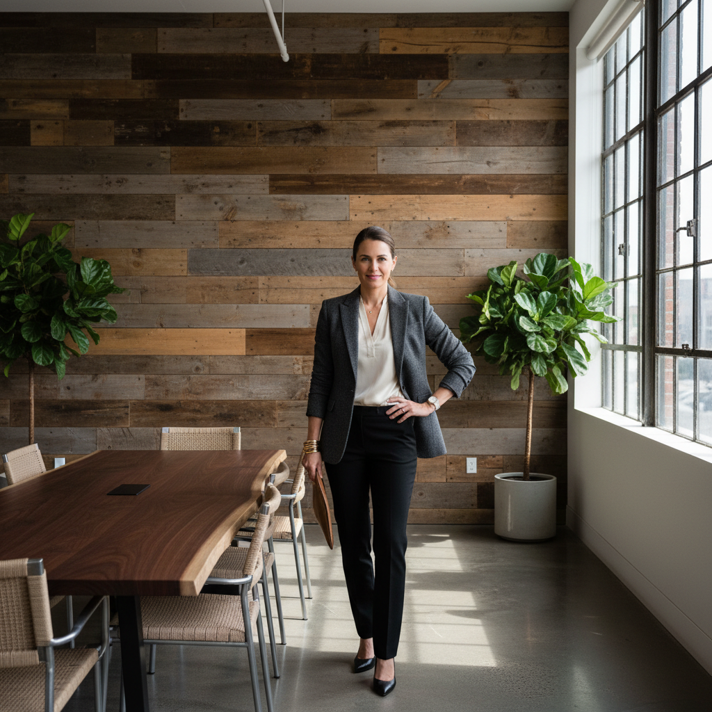 Tobias Wrenfield, interior designer in tailored blazer, photographed in a commercial space featuring reclaimed wood walls
