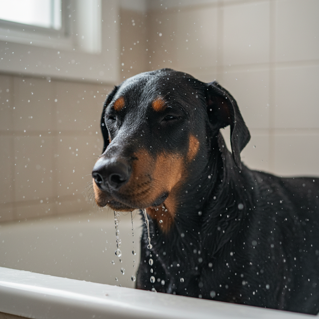 Water sheeting off a Doberman's tight black coat during bath, individual droplets catching light, coat lying perfectly flat