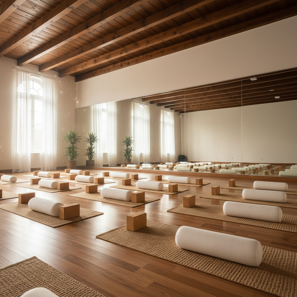 Yoga studio bright airy space with wooden floors and natural light
