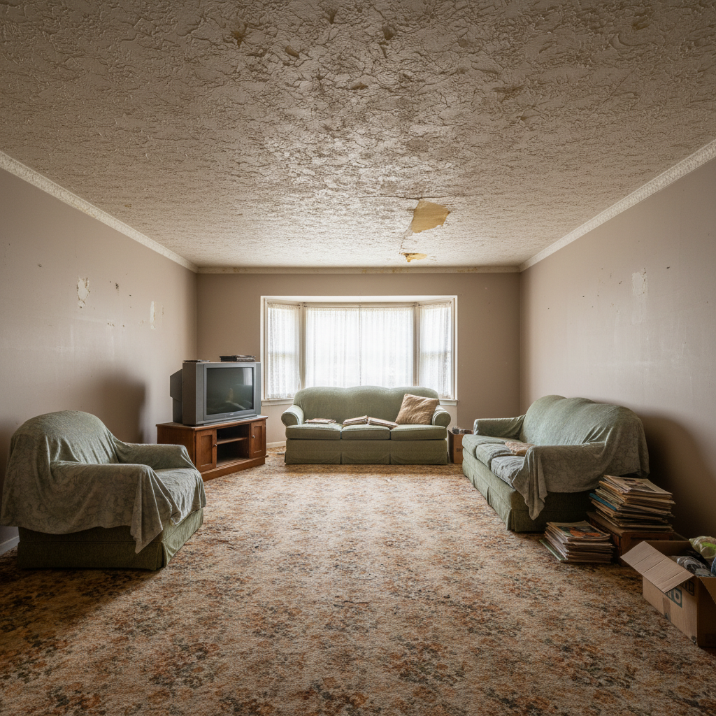 Living room before renovation with dated carpet and popcorn ceiling