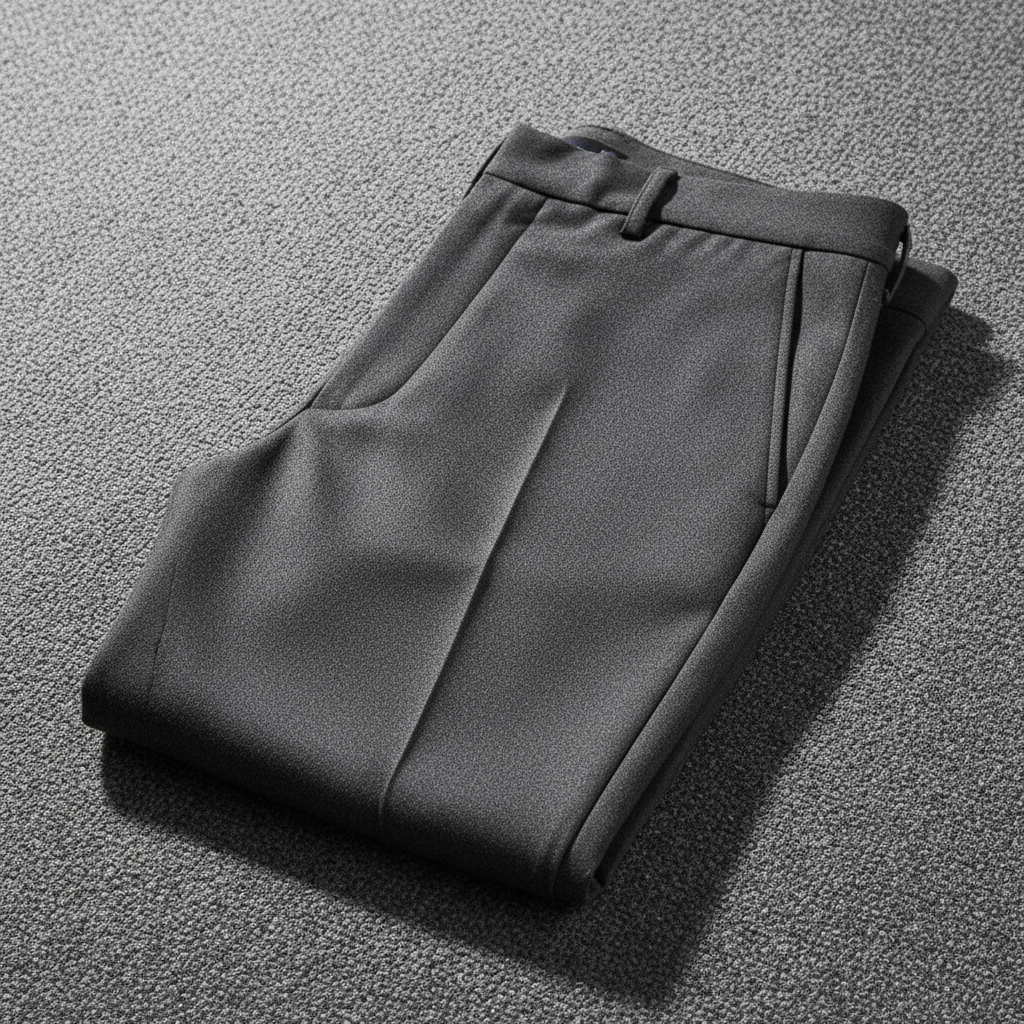 Folded grey joggers on a dark wooden surface, minimal clean composition
