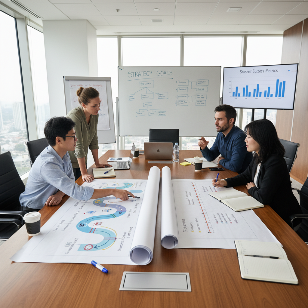 Professional business consultants collaborating in a bright modern office, reviewing documents and strategy plans on a large table