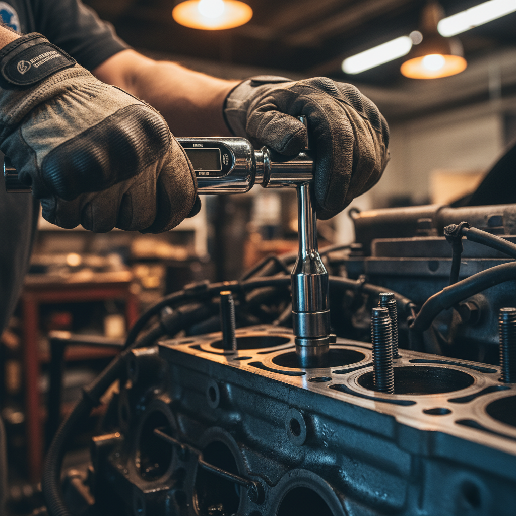 Gloved mechanic hands torquing a Cummins ISX head bolt with a chrome socket wrench under amber shop lighting