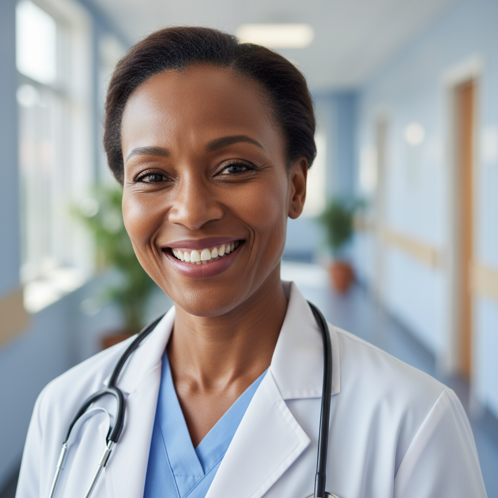 African woman medical professional in humanitarian organization uniform