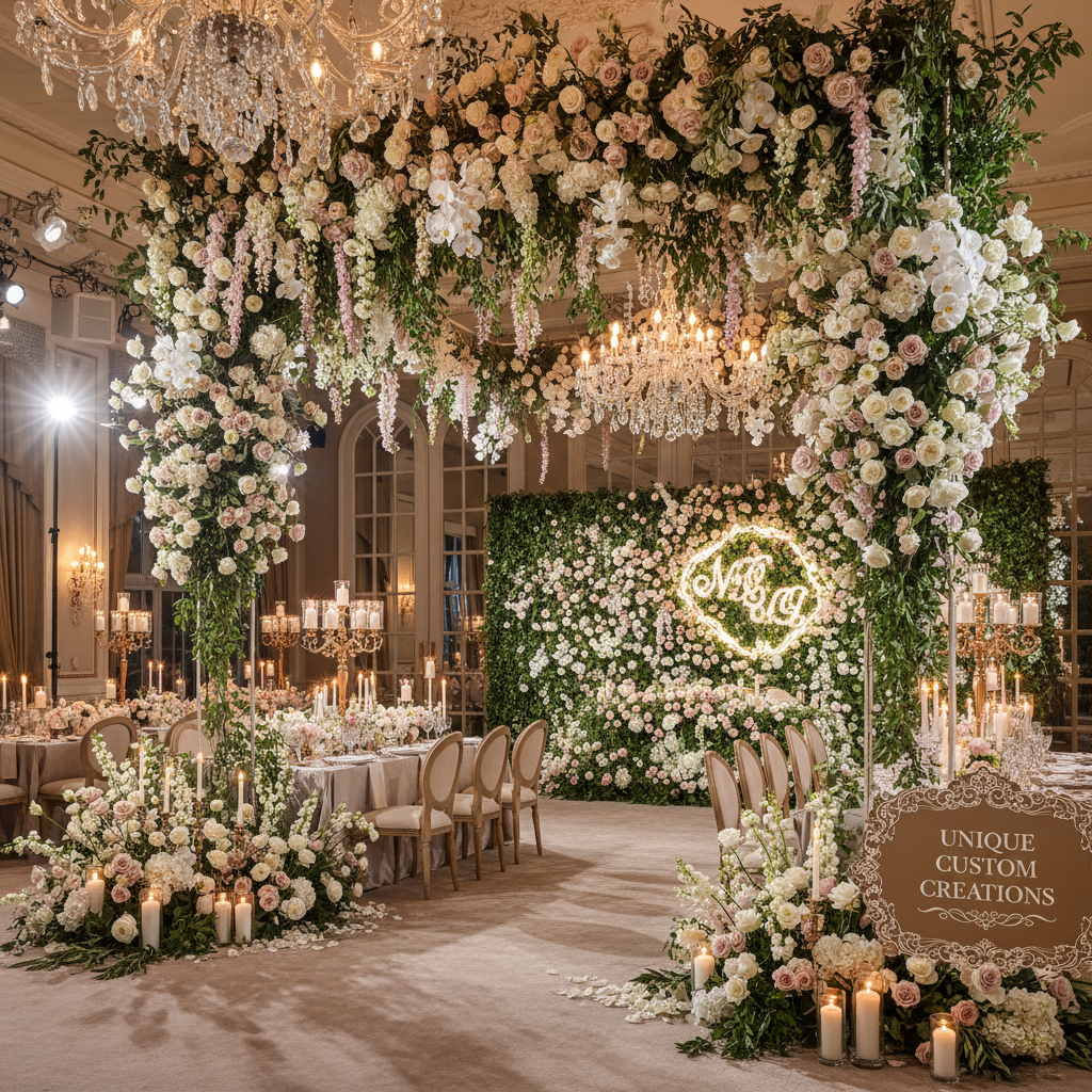 Elegant destination wedding ceremony in a grand ornate hall with floral decorations and warm candlelight