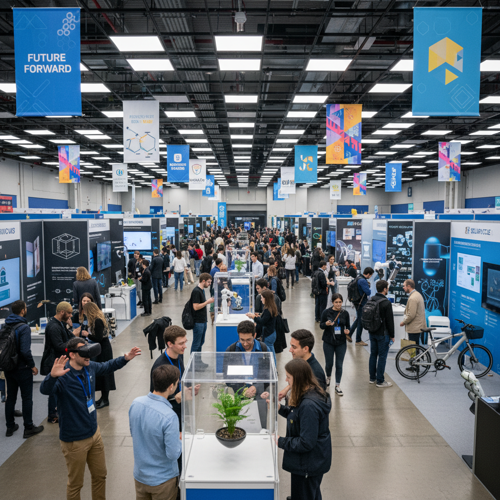 Large tech exhibition hall with booths and visitors at VivaTech Paris