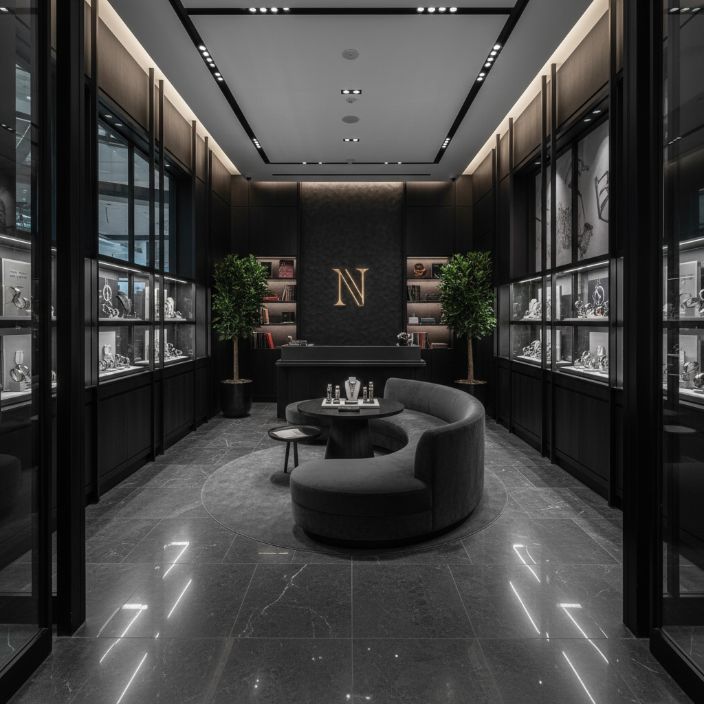 Luxury boutique interior with warm amber lighting, dark wood shelving, dim atmospheric environment