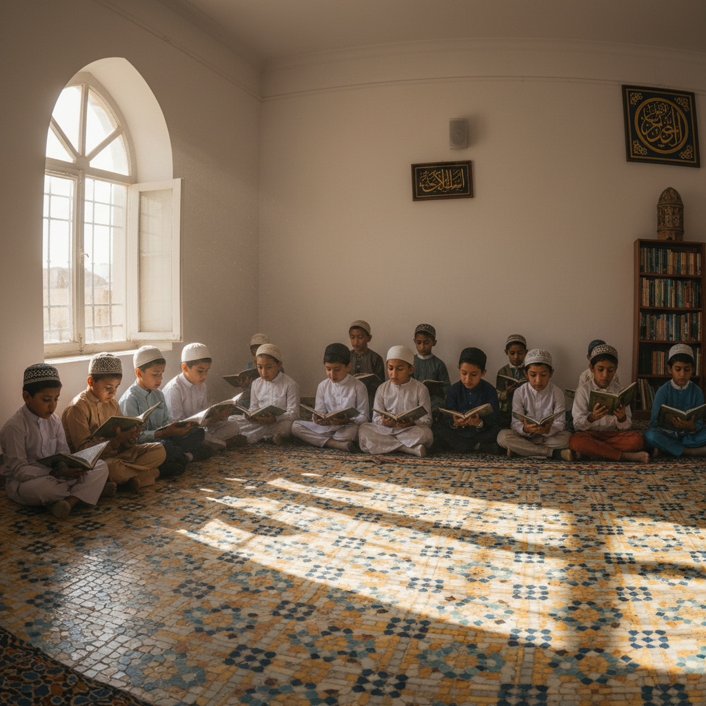 Children sitting cross-legged on tile floor reciting Quran together
