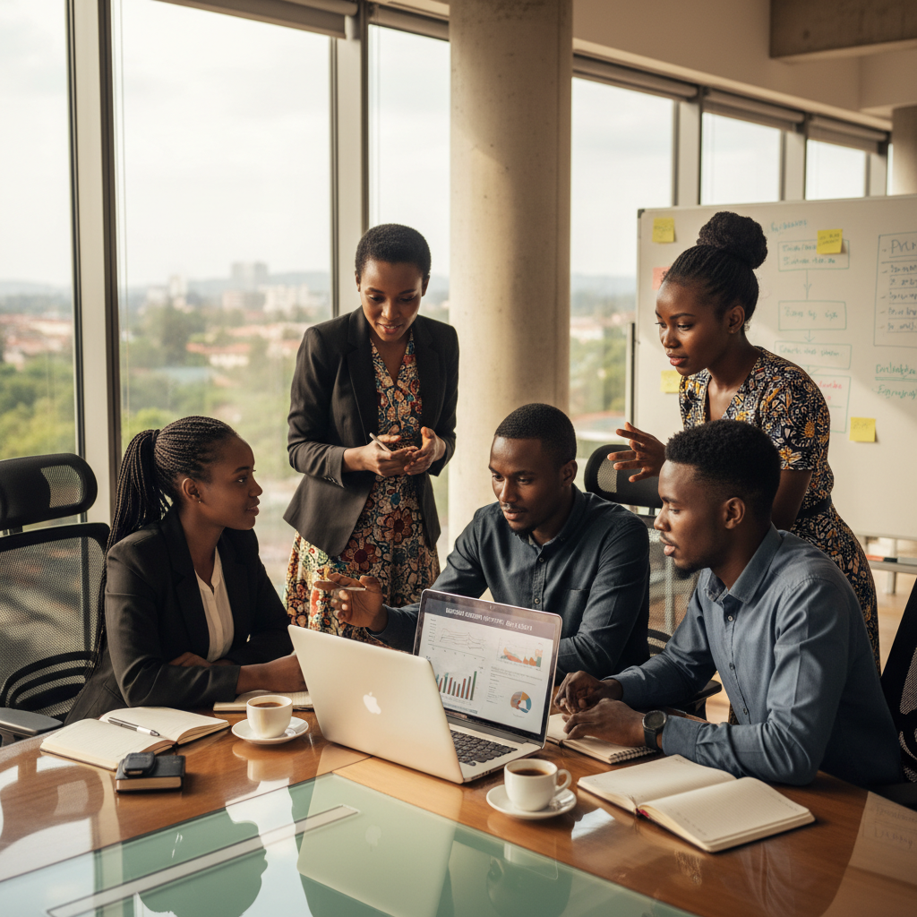 Genç girişimciler modern ofiste iş planı üzerinde çalışıyor