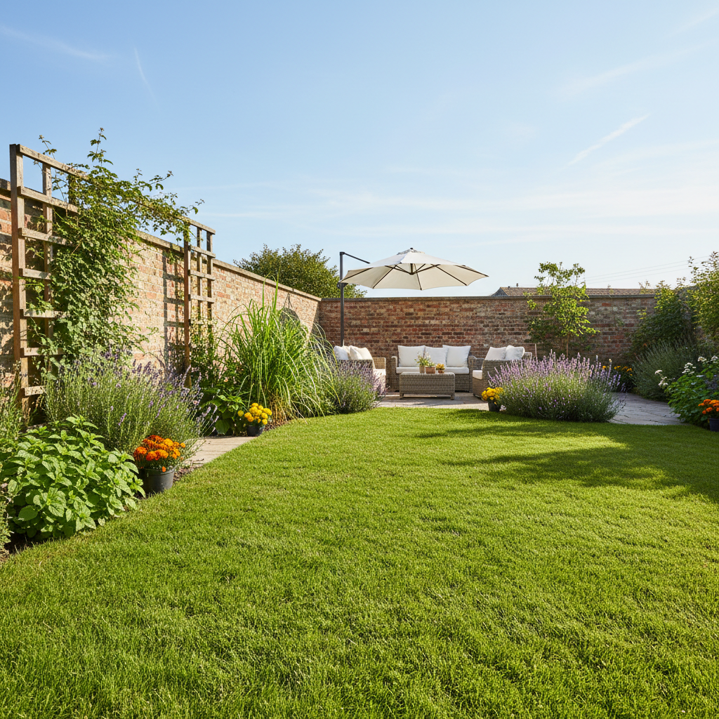 Beautifully landscaped backyard with lush green grass and garden borders