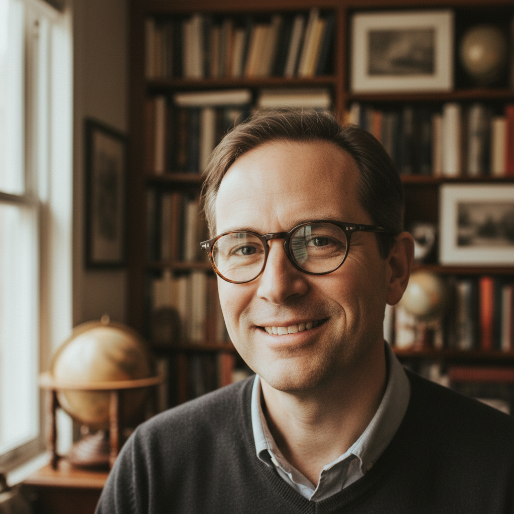 Man with warm smile and glasses in a book-lined room