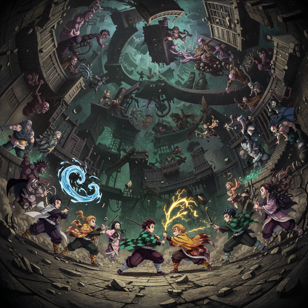 Dark castle interior with glowing demon eyes and sword fight silhouettes