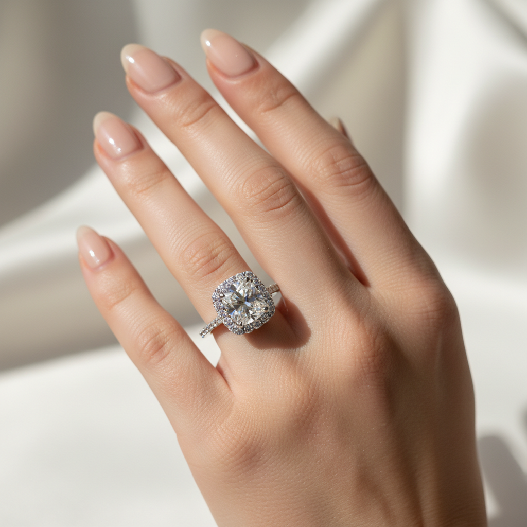 Cushion halo diamond engagement ring in white gold on dark background