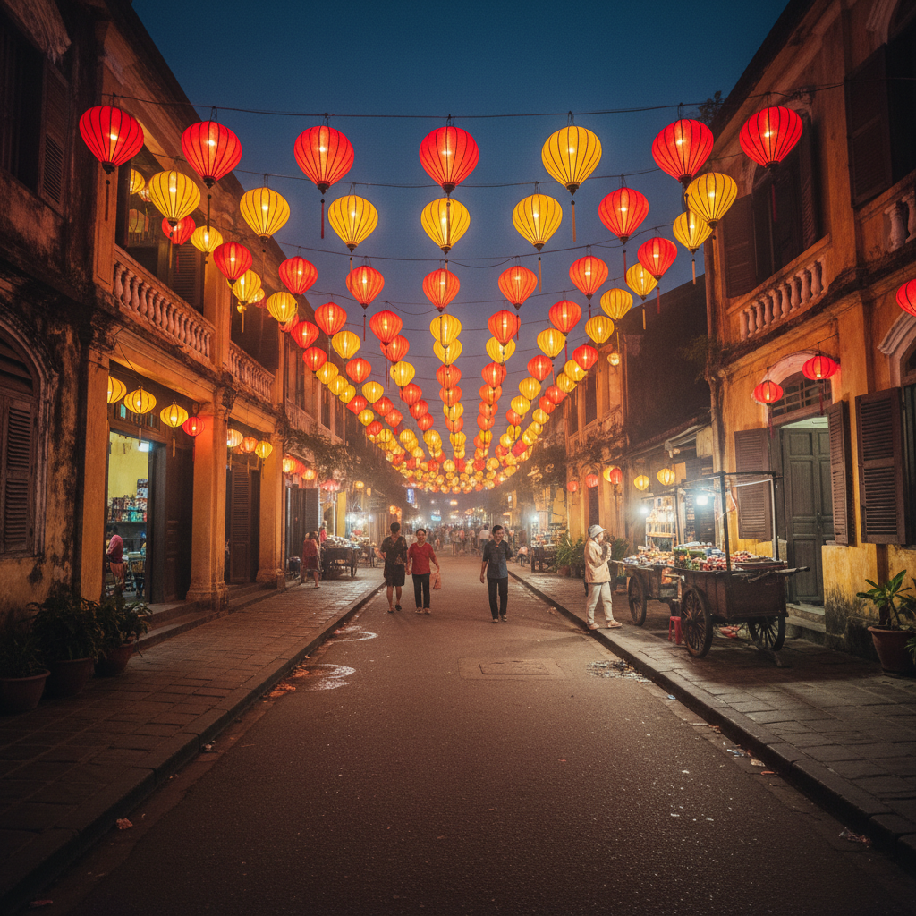 Lantern-lit streets of Hoi An Ancient Town at night Vietnam