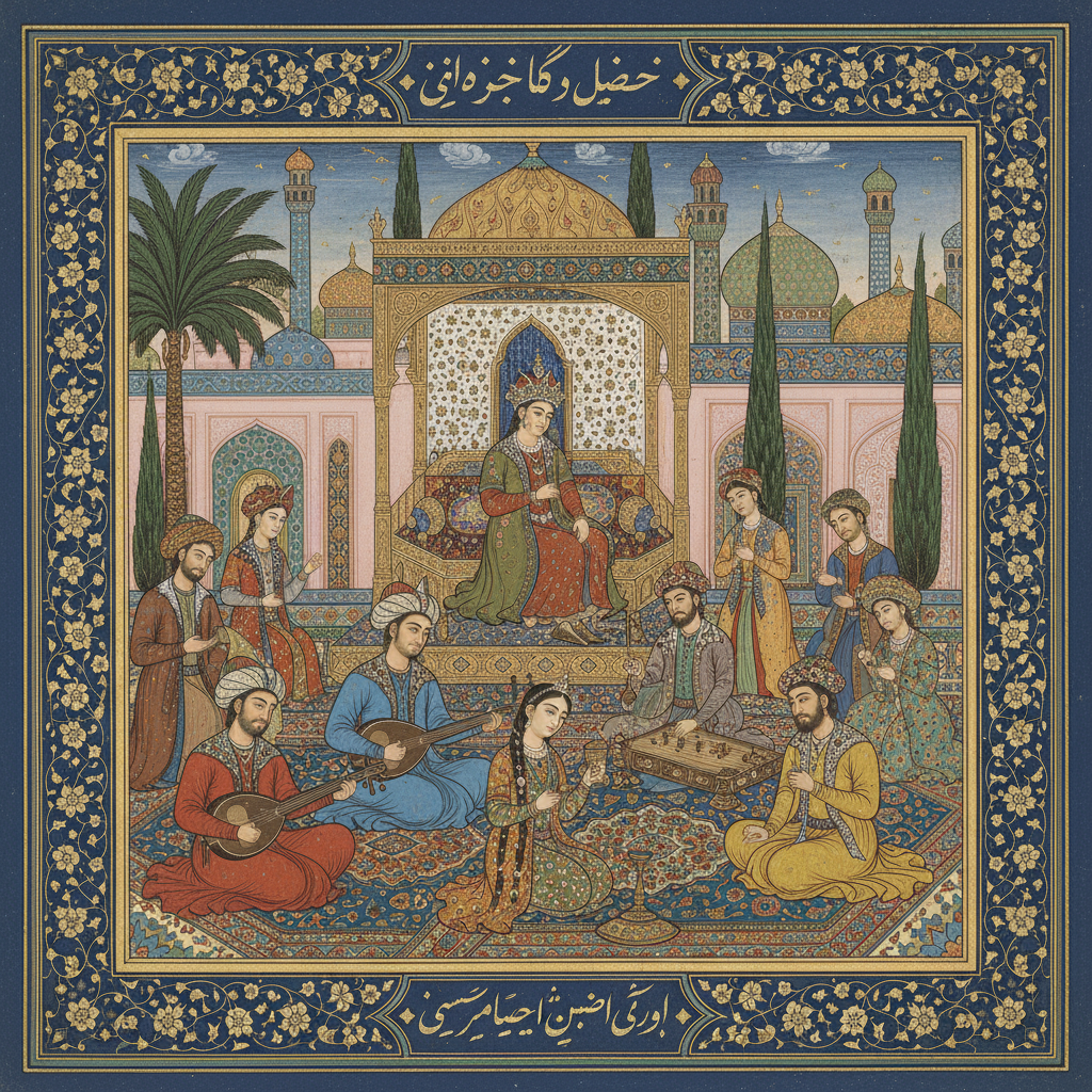 Detailed miniature painting depicting Persian warriors on horseback with gold leaf details