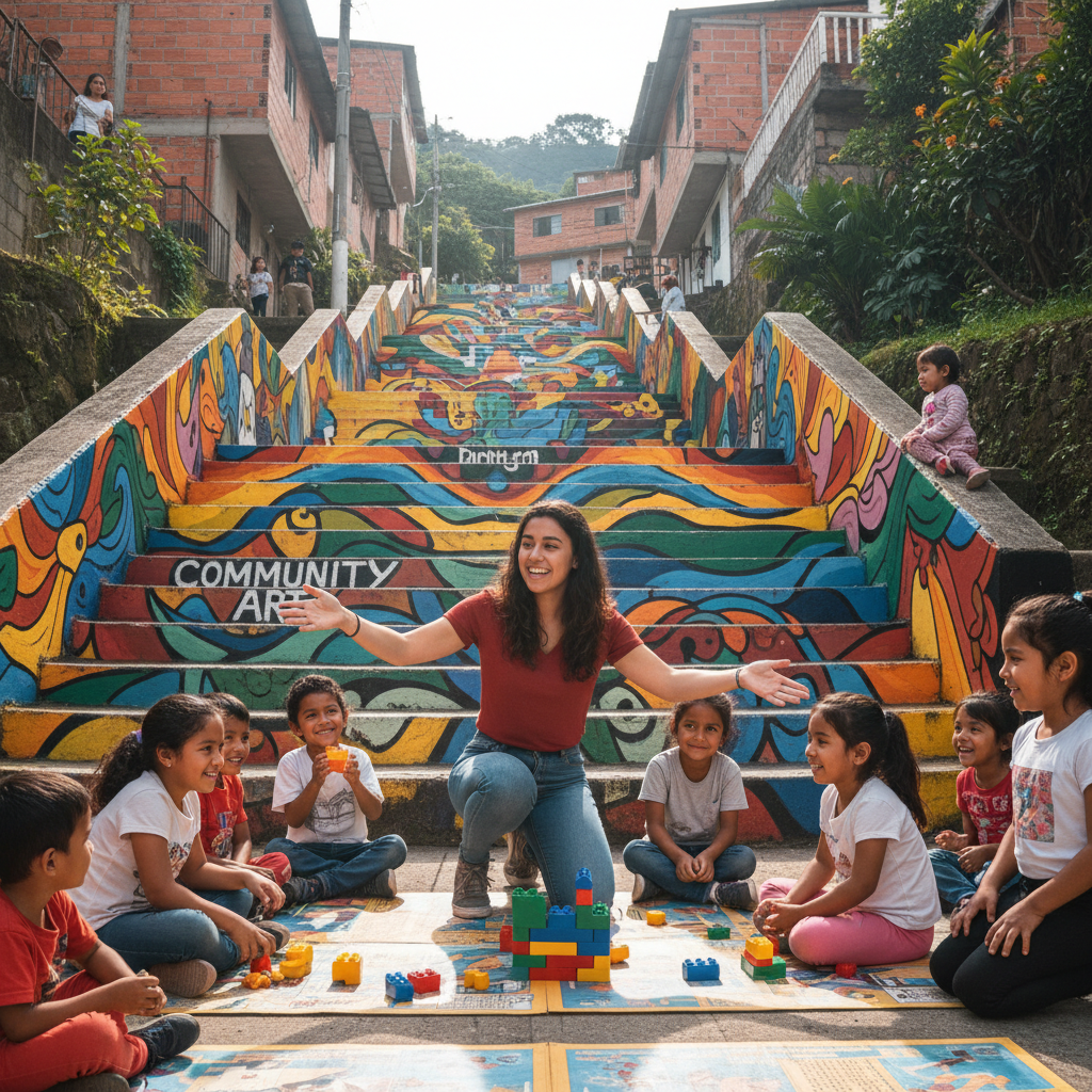 Young woman facilitator with children in colorful staircase mural in Medellín neighborhood
