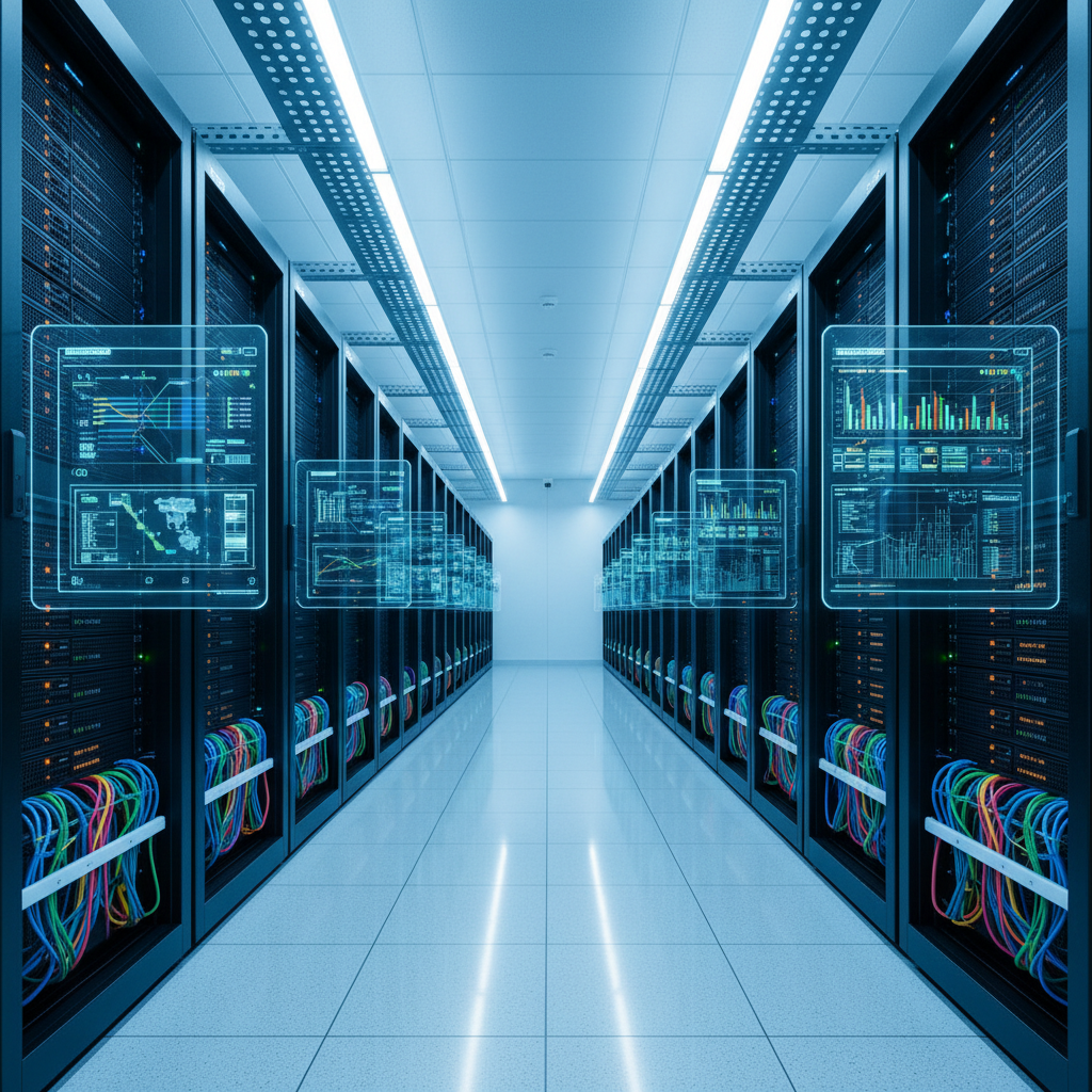 Modern IT server room with organized network equipment and cable management