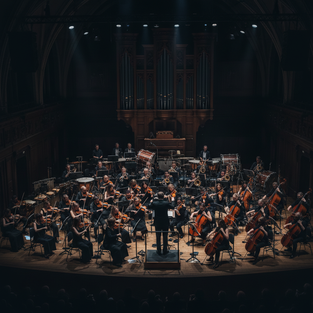 Orchestra performing on grand stage with dramatic lighting and projection mapping