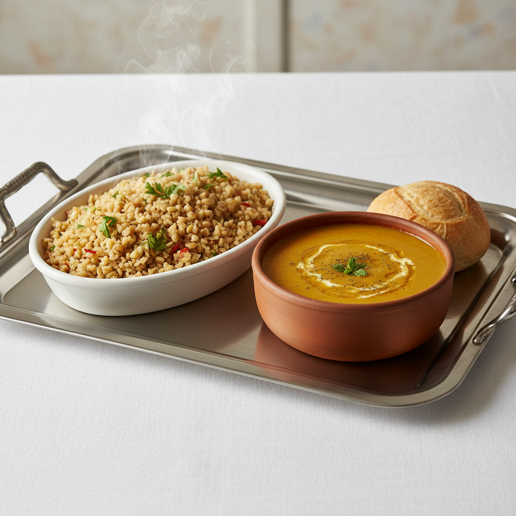 Bulgur pilaf tray and lentil soup ready for office catering delivery