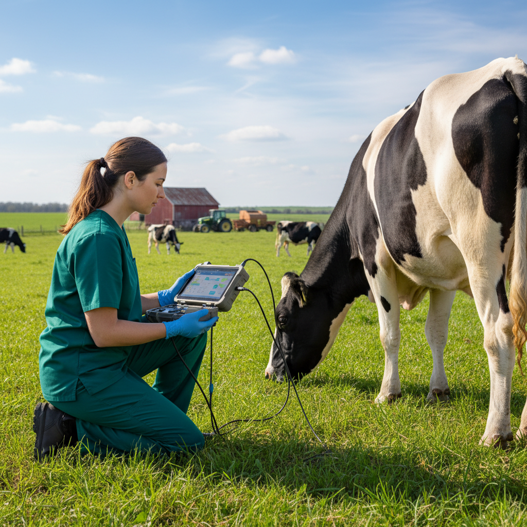 East African veterinarian examining livestock in rural Rwanda farm setting
