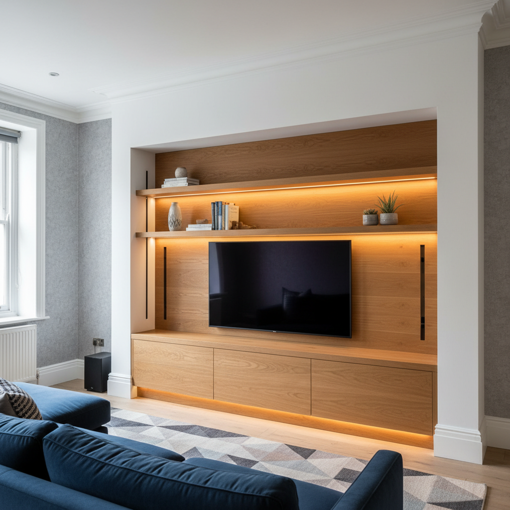 Bespoke alcove media unit with floating shelves and concealed cable management installed in Brixton