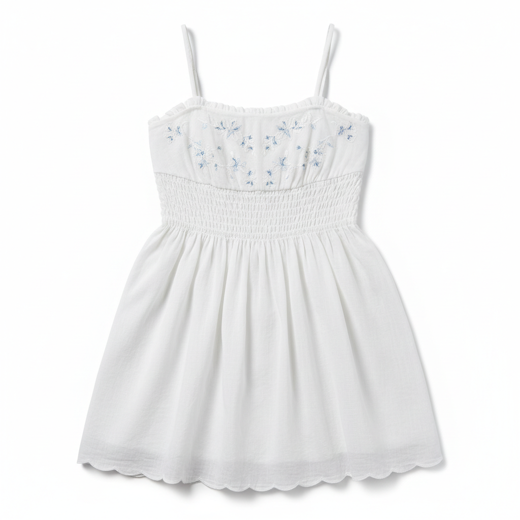 White smocked cotton sundress with delicate embroidery at the chest