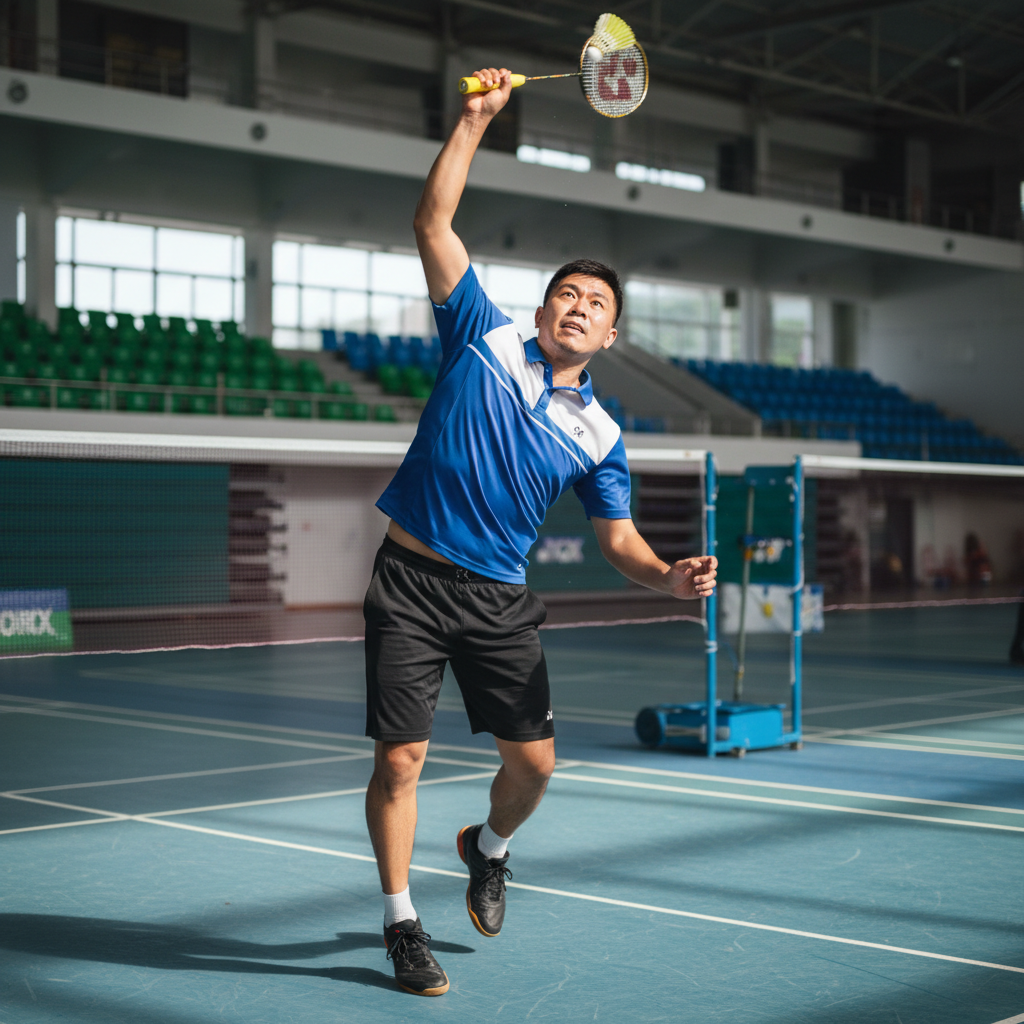Male badminton coach demonstrating smash technique on the court