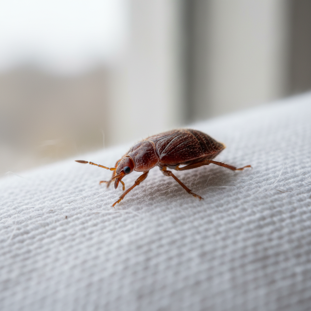 Extreme macro photograph of a bed bug on white fabric showing segmented body detail