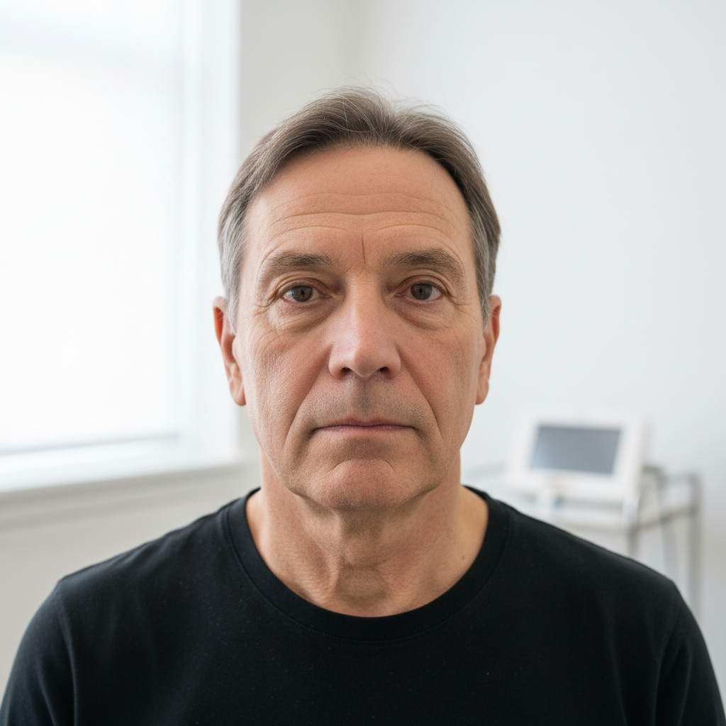 Marcus, a man in his late twenties with close-cropped hair, looking directly at the camera with a calm expression