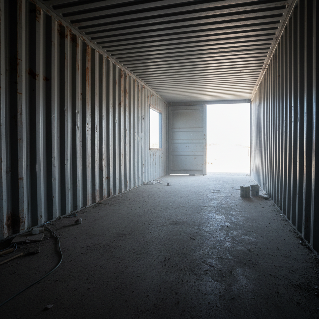 Raw unfinished container interior with exposed metal walls and bare concrete floor before staging