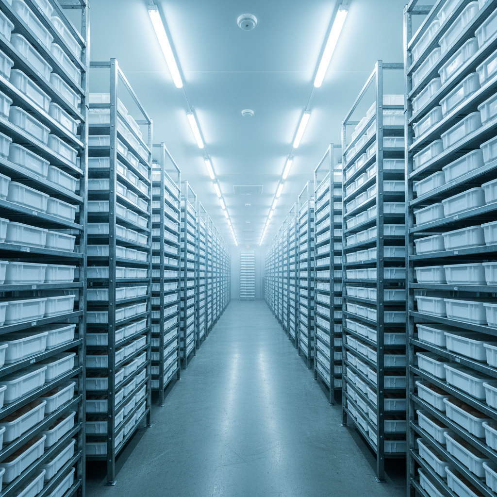 Industrial cold storage room interior with white insulated walls, bright lighting and metal shelving racks