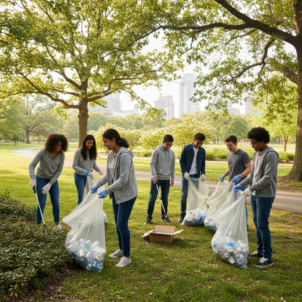 Group of young people outdoors in bright daylight working together in a green open environment
