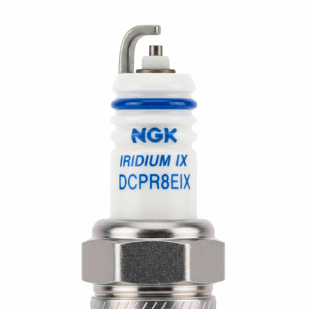 NGK iridium spark plug on dark metallic background
