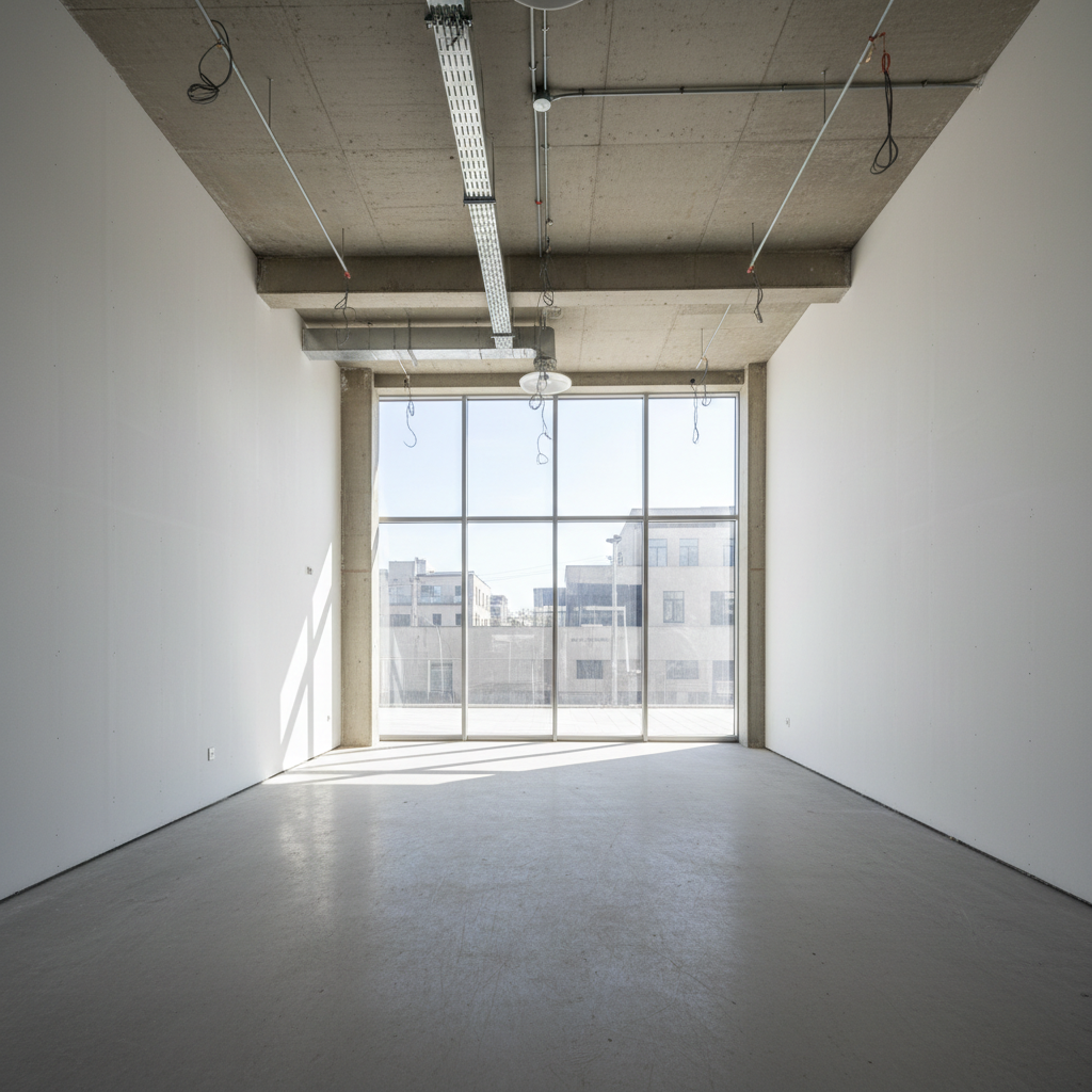 Empty retail space with natural light flooding through storefront glass onto polished concrete floors and exposed ceiling joists