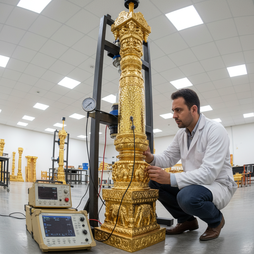 Factory quality control inspector in white coat examining engine components with digital testing equipment in modern industrial facility
