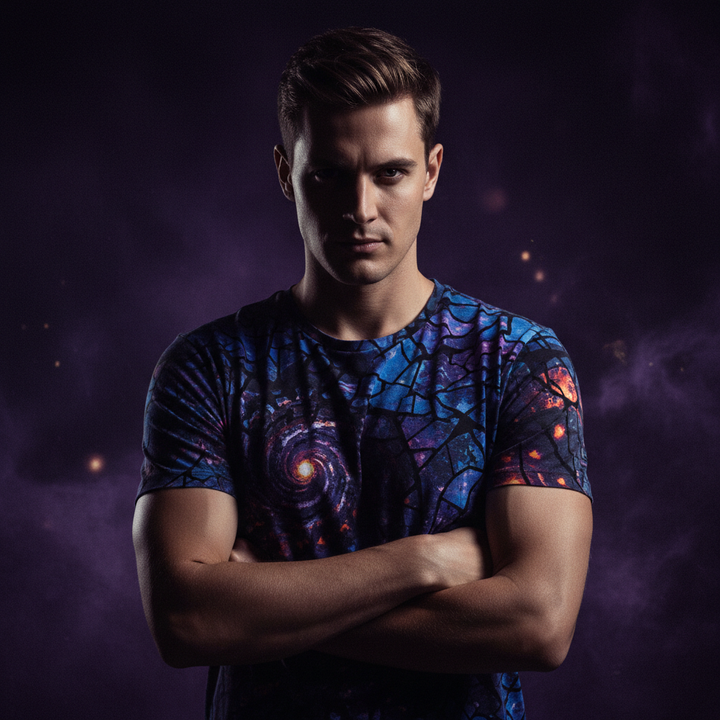 Model wearing oversized purple graphic t-shirt, dark moody studio, dramatic side lighting, deep charcoal background