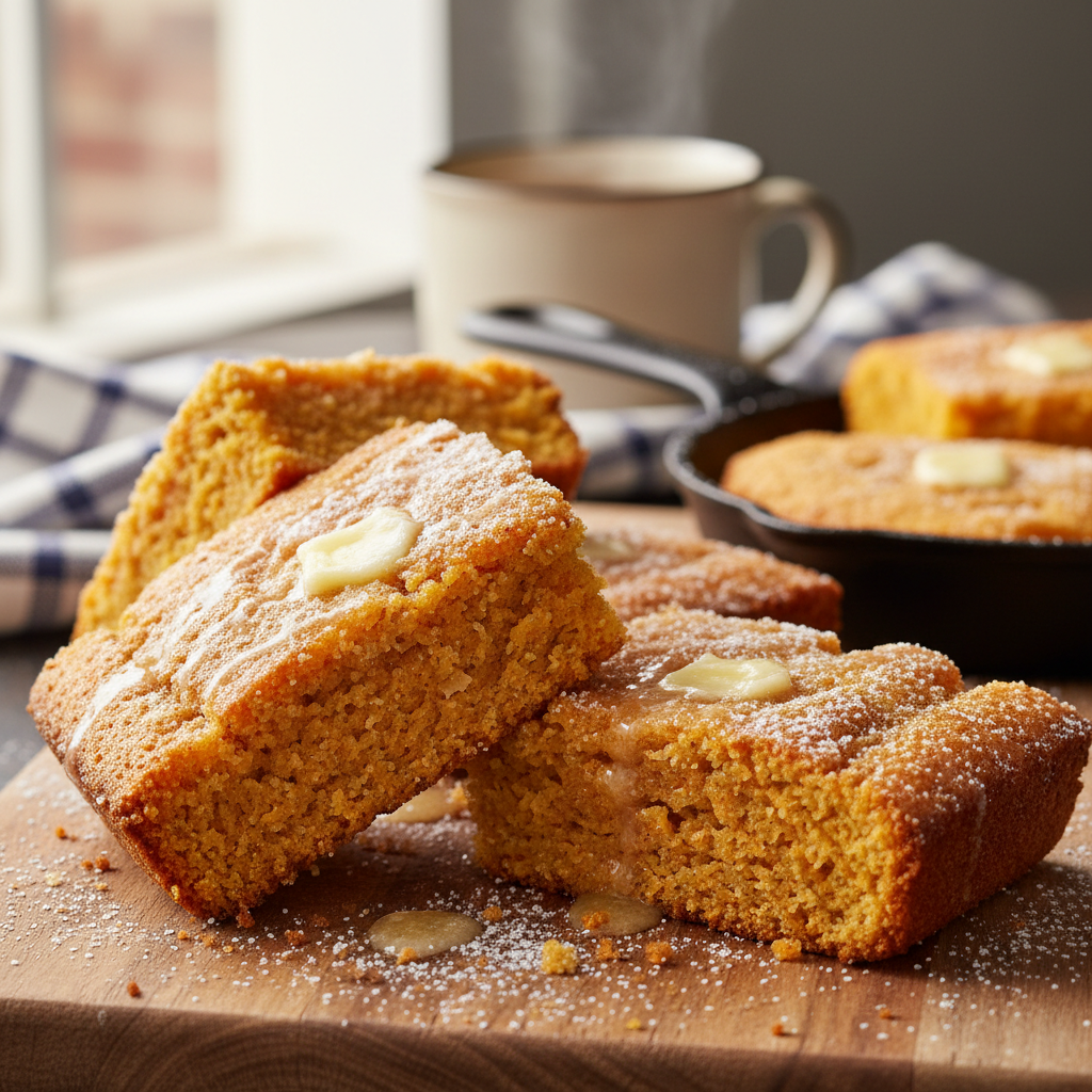 Sweet potato cornbread wedges golden brown in a cast-iron skillet